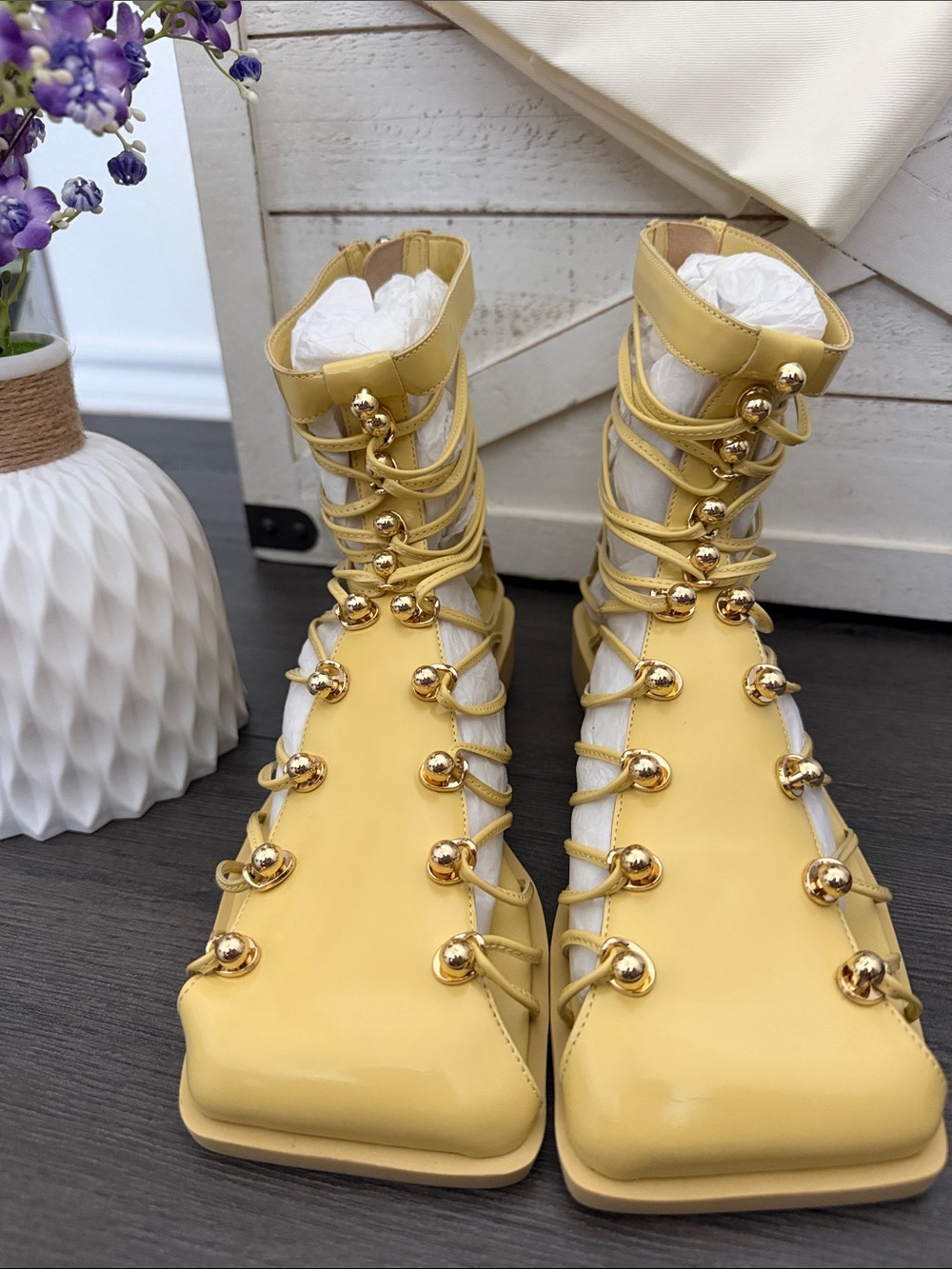 VIVIENNEHU Yellow Lace-Up Women's Gladiator Boots with Gold Accents